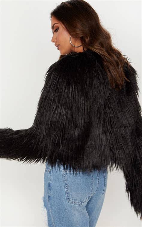 Liddie Black Faux Fur Shaggy Cropped Jacket Prettylittlething Aus