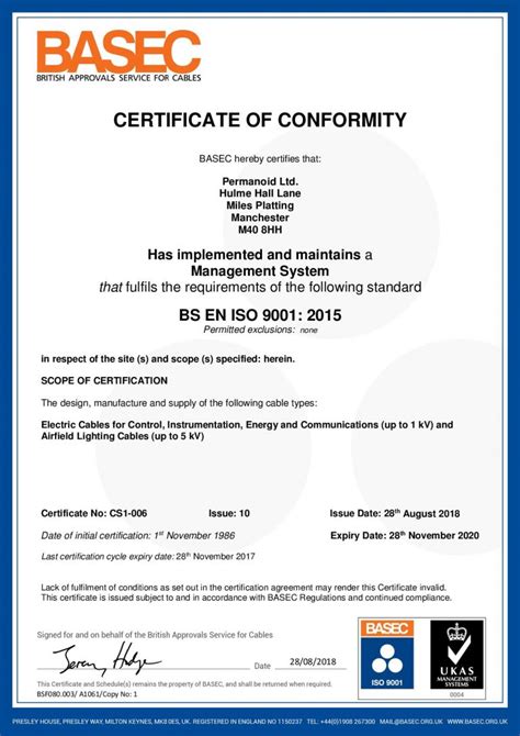 BASEC ISO 9001 2015 Certificate Of Conformity Permanoid UK Cable And