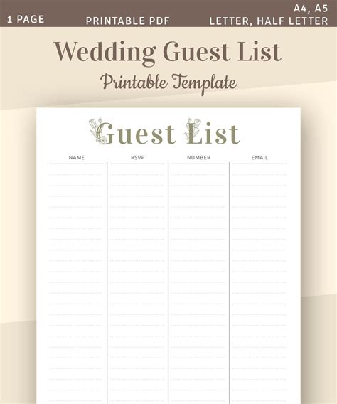 Wedding Guest List, Printable Wedding Template, Guest List Tracker ...