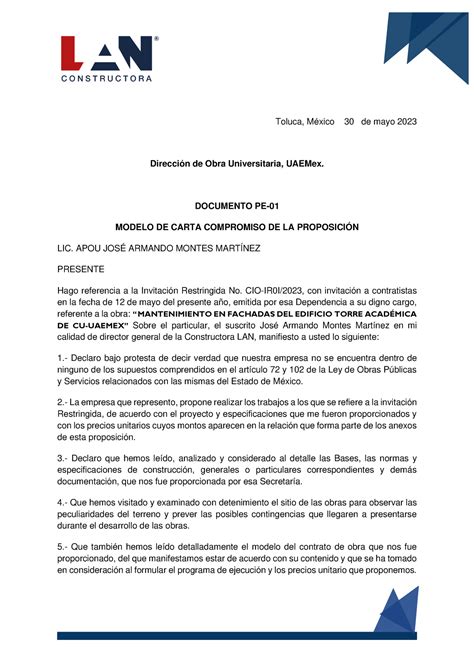 Carta Compromiso De La Proposici N Toluca M Xico De Mayo