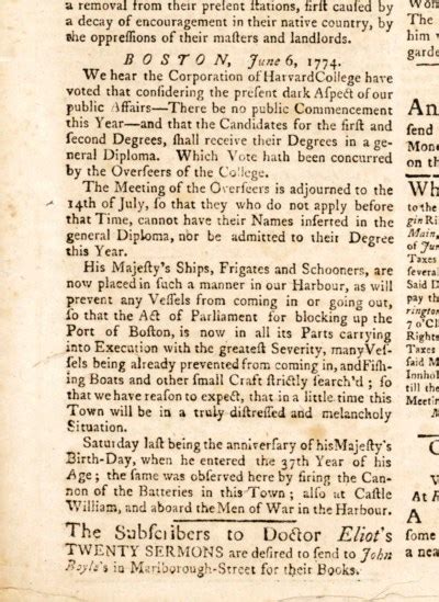 BOSTON PORT ACT – The Boston Evening-Post. Boston: Thomas and John Fleet, 6 June 1774. No. 2019 ...