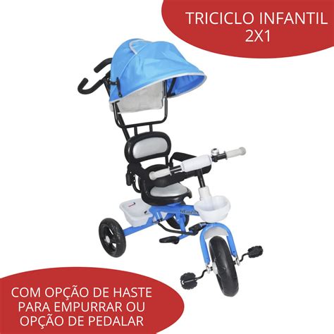 Triciclo Infantil Empurrador Capota Azul Bw Az Importway