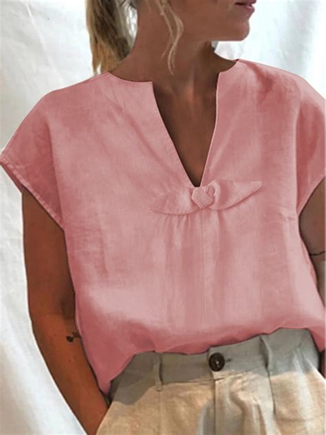 Women Plain Summer Loose V Neck Bow Short Sleeve Cotton And Linen Top Roselinlin