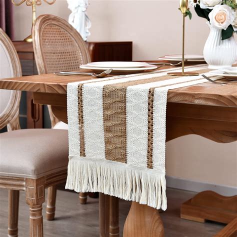 Home Macrame Table Runner Farmhouse 12 X 36 Inch Burlap Cotton Rustic Cream Beige