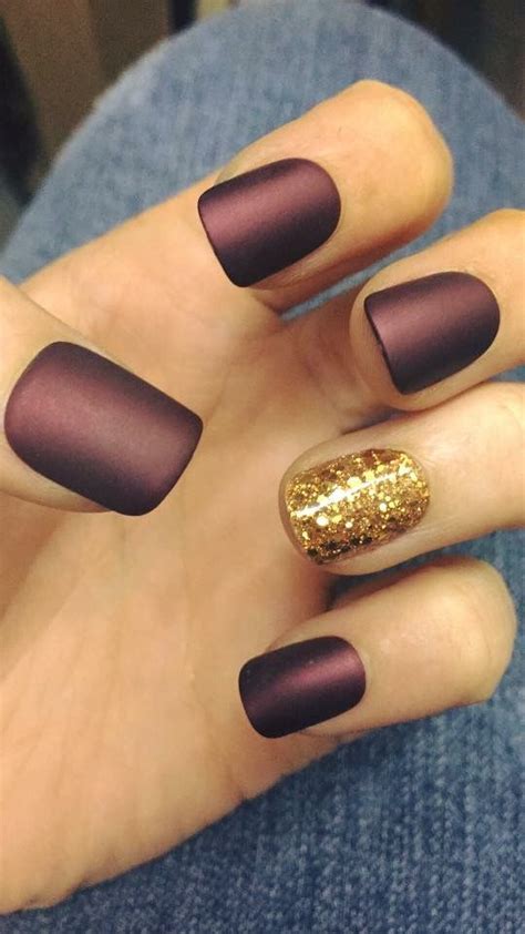 Matte Burgundy And Gold Glitter Accent Nail Glitter Accent Nails