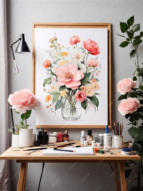 premium photo  size small painting canvas mockup study   table