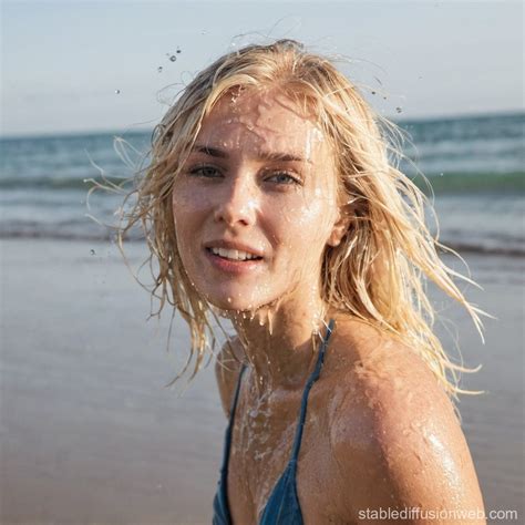 Blonde Woman At Beach Soaked In Water Stable Diffusion Online
