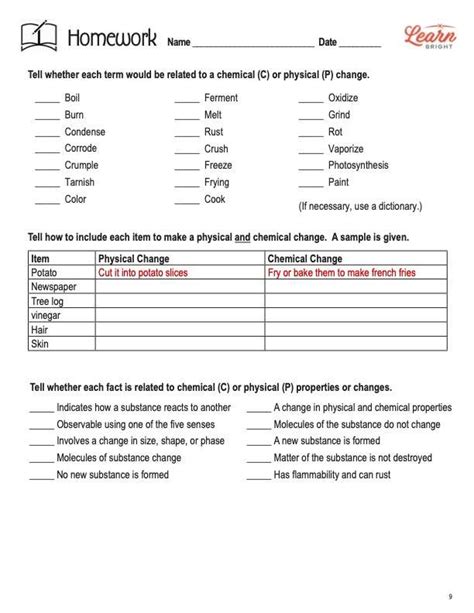 Physical Changes Versus Chemical Reactions Classification Worksheet