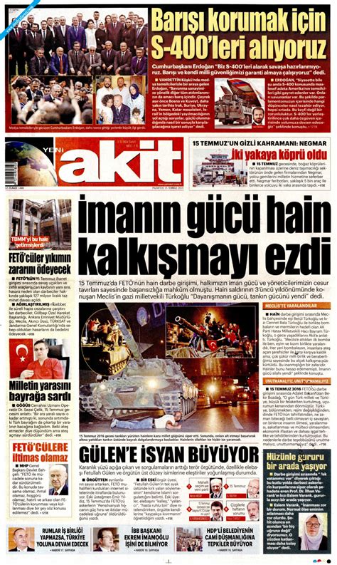 Yeni Akit Gazetesi Temmuz Pazartesi