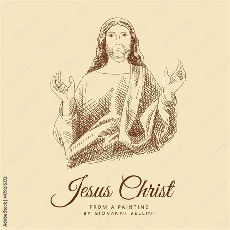 Sketch Of Jesus Christ With His Hands Raised Up Engraving Portrait Of