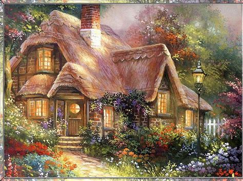 Fairytale Cottage House Painting Flowers Garden Trees Artwork HD