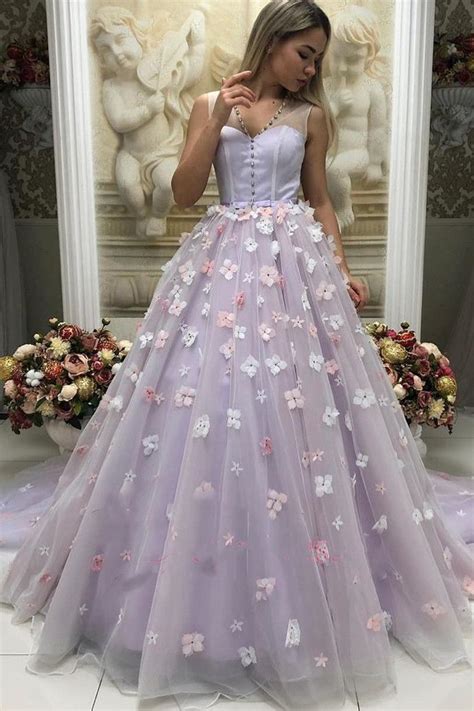 Princess Tulle Lavender Ball Gown Prom Dress With Flowers Formal Dress