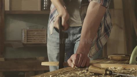 Male Woodworker Working In Garage Man Professional Carpenter Working