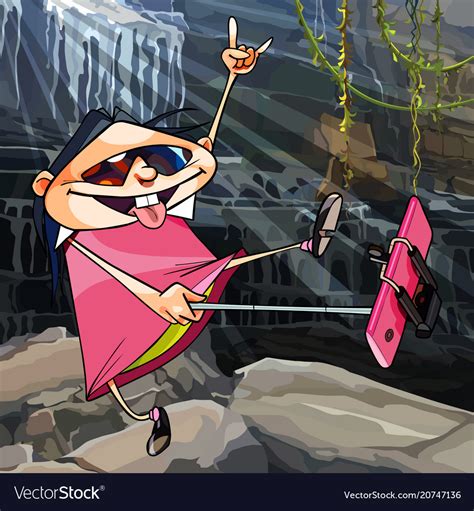 Cartoon Funny Girl Making A Selfie On Stick Vector Image