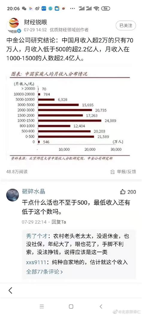 中国人实际收入，9亿人月入二千以下，月入5千仅7千多万人