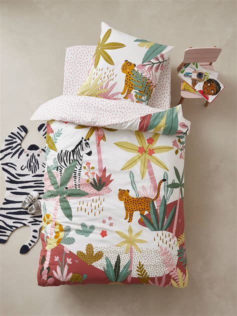 Parure housse de couette taie d oreiller enfant PINK JUNGLE écru