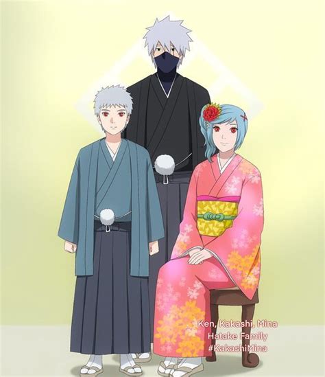 Three People In Kimonos Standing Next To Each Other And One Person