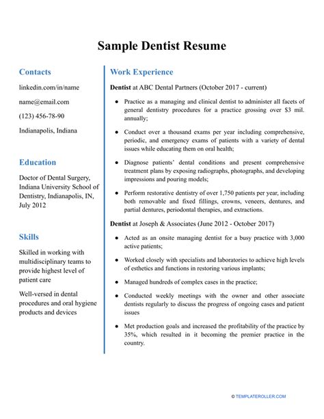 Sample Dentist Resume Download Printable Pdf Templateroller