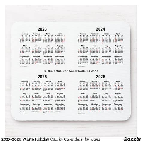 2023 2026 White Holiday Calendar By Janz Mouse Pad Custom Calendar Holiday