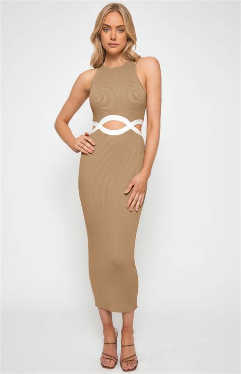 Racer Neckline Knit Midi Dress With Waist Cut Out Details Skn618