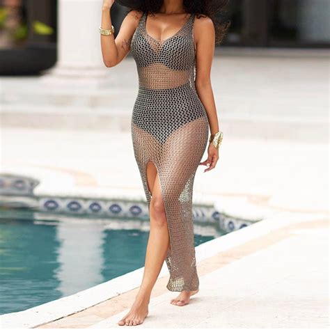 Guvpev Women S Sexy Swimsuit Cover Ups Sheer Crochet Beach Bikini Maxi Dresses Gray S