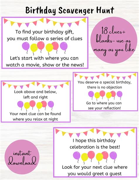 Birthday Scavenger Hunt Clue Cards Birthday Treasure Hunt Birthday T