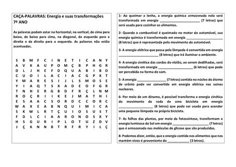 Passatempos Em Ci Ncias E Meio Ambiente Ca A Palavras Energia E Suas