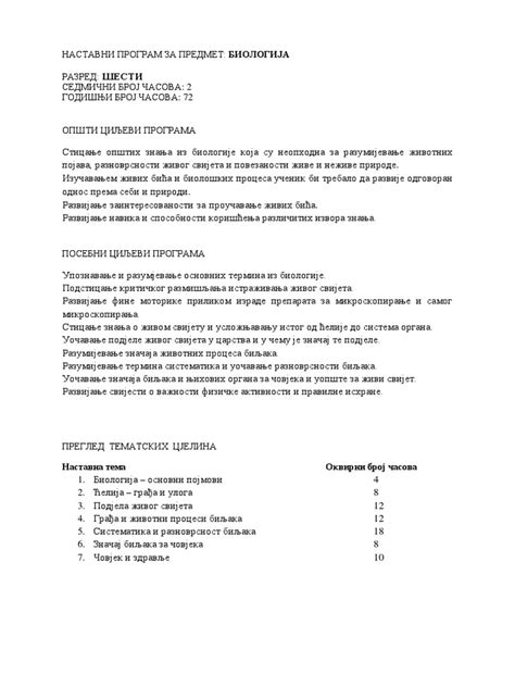 Biologija Nastavni Program Za Sesti Razred Pdf