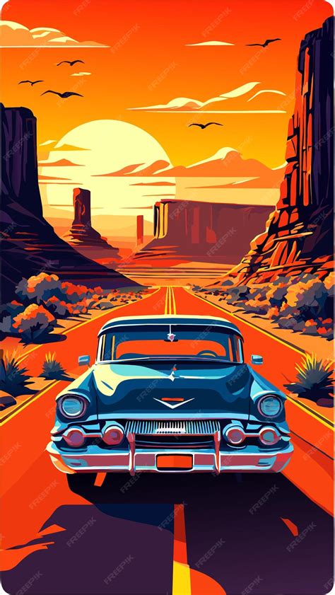 Premium Vector Classic Car Driving On Country Road At Sunset Illustration