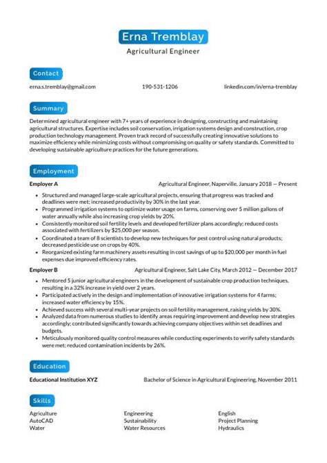 Agricultural Engineer Resume (CV) Example and Writing Guide