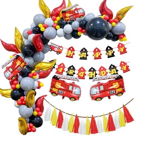 Set Firefighter Party Fire Truck Balloons Diy Spiral Ornaments