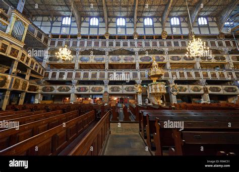 Interior Shot Of Magnificently Decorated Wooden Protestant Church Of