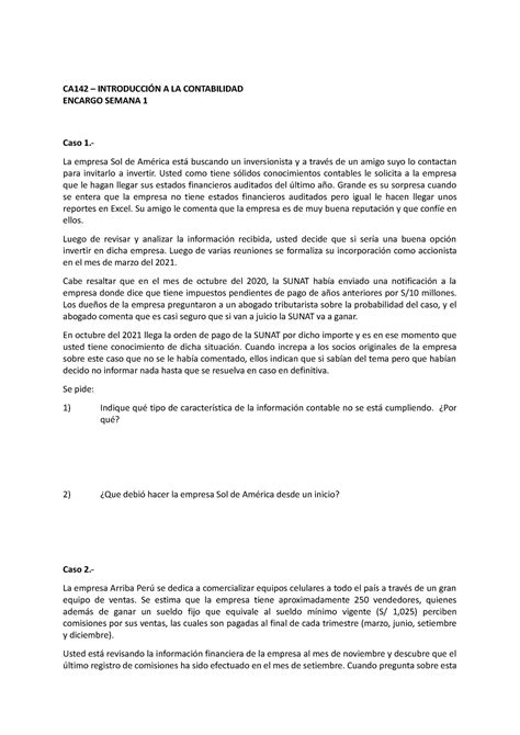 CA142 Encargo Semana 1 Tarea CA142 INTRODUCCIÓN A LA CONTABILIDAD