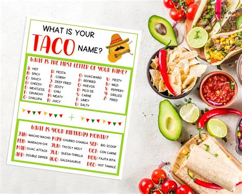 Whats Your Taco Name Game Cinco De Mayo Mexican Party Games Etsy