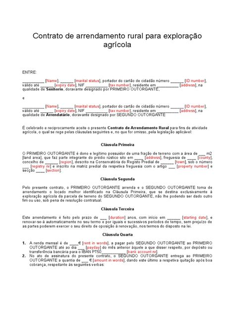 Contrato De Arrendamento Rural Para Exploração Agrícola Pdf Leasing