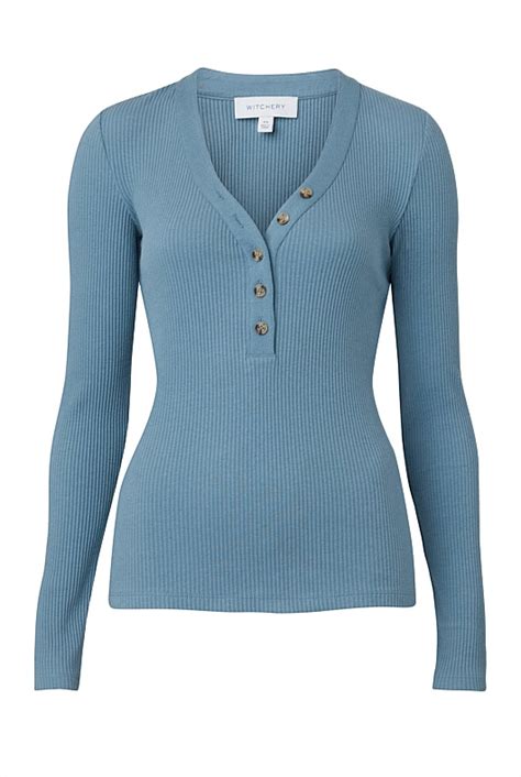 Steel Blue Cotton Rib Long Sleeve Henley Women S Long Sleeve Tops