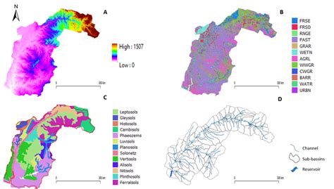 Maps of (A) topography (in meters), (B) land use and land cover, (C ...