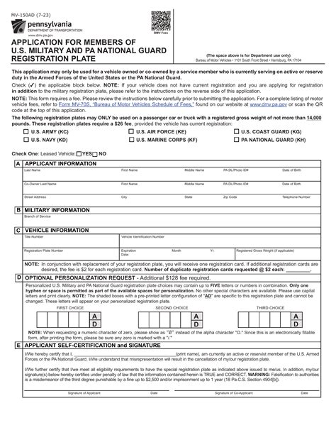 Pa Dmv Form Mv Ad Application For Members Of U S Military