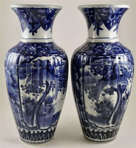 Pair Of Meiji Period Blue And White Vases In Antique Ceramics