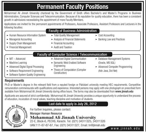 Muhammad Ali Jinnah University Requires Permanent Teaching Faculty in ...