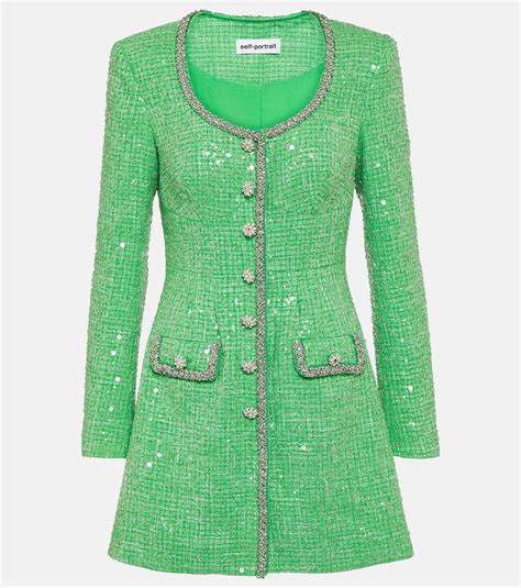 Self Portrait Sequined Boucle Minidress In Green Lyst Canada