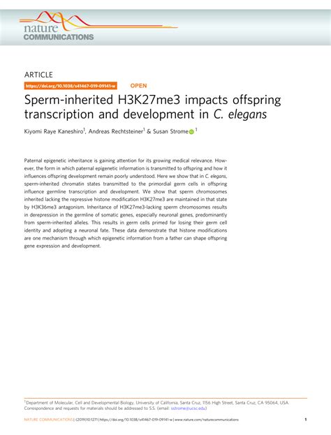 Pdf Sperm Inherited H3k27me3 Impacts Offspring Transcription And