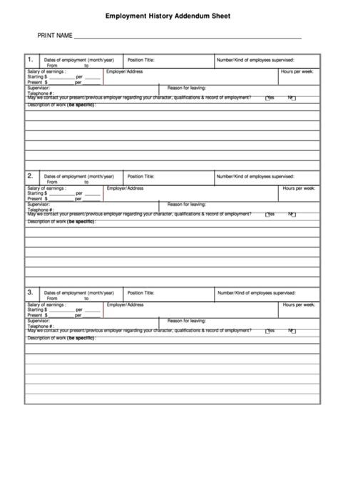 Printable Employment History Form