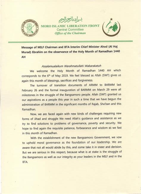 Message Of Milf Chairman And Bta Interim Chief Minister Ahod Al Haj