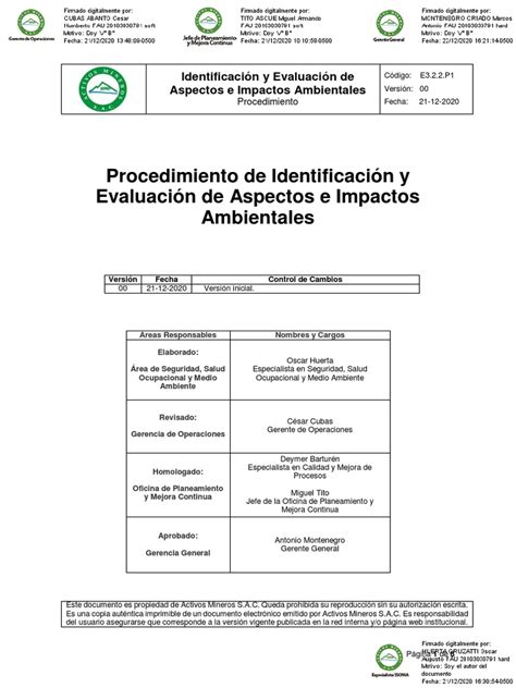 E322p1 Procedimiento De Identificacion Y Evaluacion De Aspectos E Impactos Ambientales V00