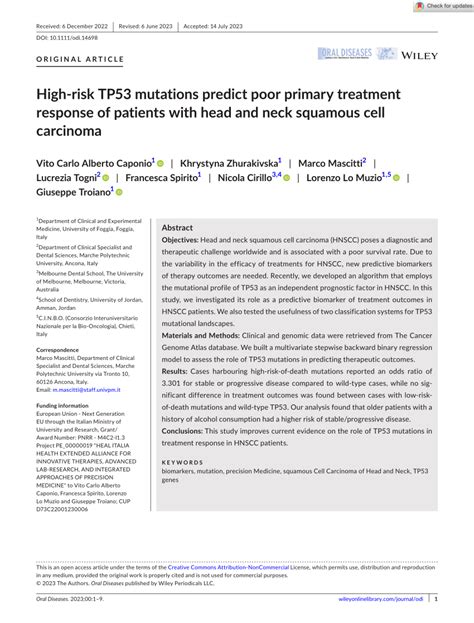 Pdf High Risk Tp53 Mutations Predict Poor Primary Treatment Response