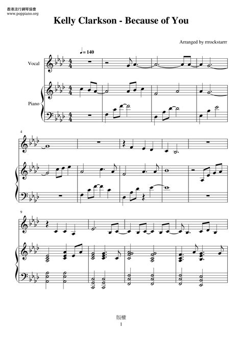 Kelly Clarkson-Because Of You Sheet Music pdf, - Free Score Download ★