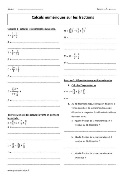 Fractions 3ème Exercices corrigés sur les calculs numériques Pass