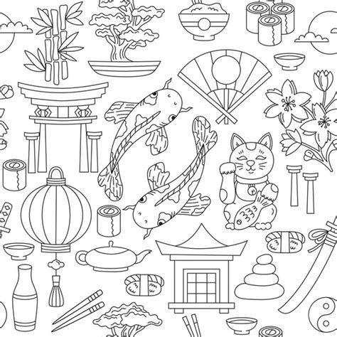 Sushi Japanese Food Icons Doodle Line Seamless Vector Pattern Stock