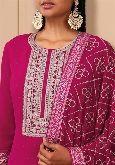 Buy Women Rani Pink Zari Embroidered Kurta Set With Palazzo Pants And